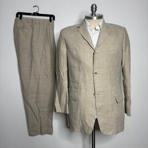 Vtg Eddie Bauer Linen Suit Tan Mens 42L 34W